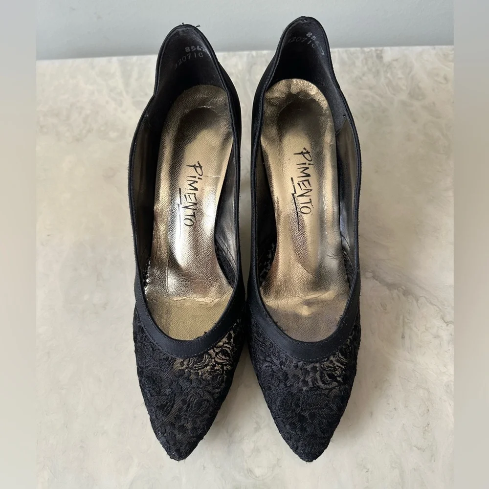 Vintage Pimento Satin and Lace Heels - Picture 2 of 5